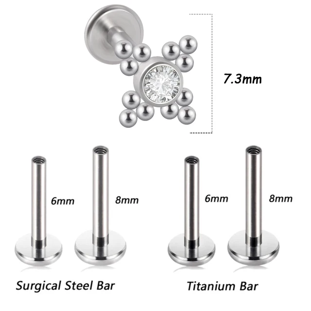 1PC G23 Titanium&Steel 16G CZ Gem Moon Labret Lip Bar Ring Crystal Flower Ear Cartilage Tragus Helix Piercing Screw Fit Top 16g Style T