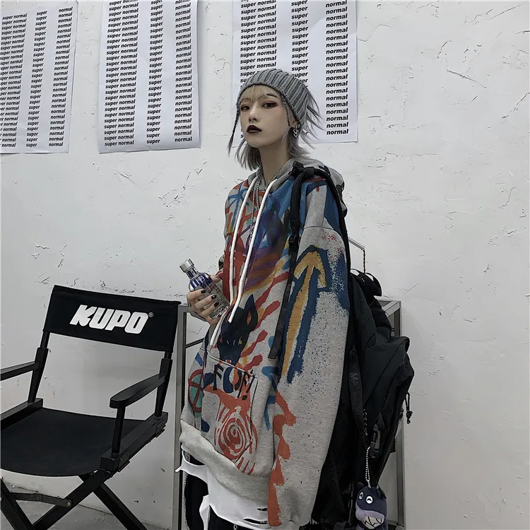 Япония Стиль Harajuku с капюшоном пуловер с надписями Свободная Толстовка Для женщин Многоцветный полоски толстовки с капюшоном в стиле хип-хоп, костюмы для танцев