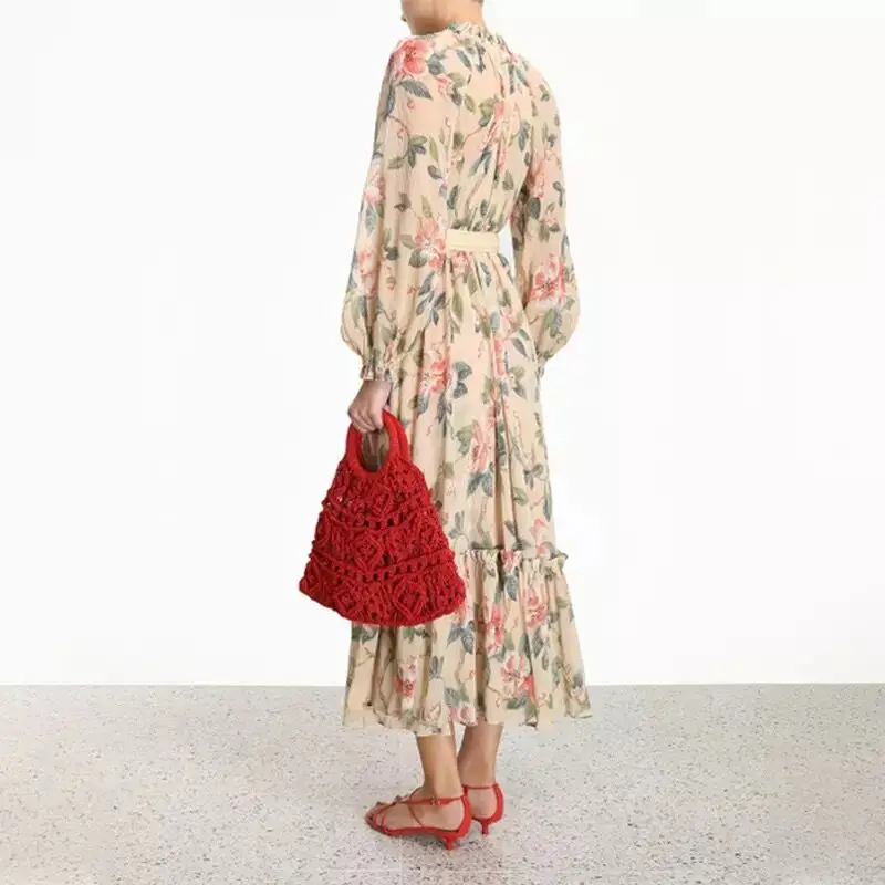 Новое весеннее платье в стиле бохо с цветочным принтом и оборками, женское однобортное шифоновое платье с цветочным поясом и длинным рукавом-фонариком