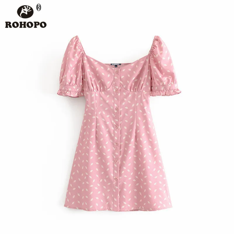 

ROHOPO Off Shoulder Buttons Fly Flared Hem Printed Chic Mini Pink Dress #9113