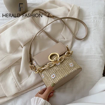 

Fashion Handmade Summer Straw+pu Handbags Women Rattan Bucket Crossbody Bag Woven Beach Lock Desiger bolsa feminina Purse