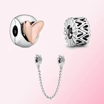 

2020 Valentine's Day 100% 925 Sterling silver Beads & Pave Safety Chain Openwork Freehand Heart Spacer Charm Clip