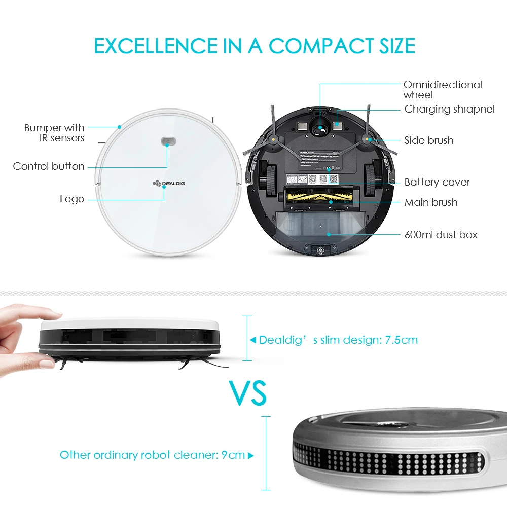 DEALDIG robвакуум 8 робот пылесос с Wi-Fi подключение работает для Alexa гироскоп навигация приложение дистанционное управление низкий уровень шума