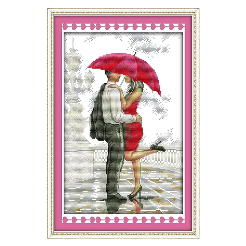 A Romantic Walking In The Rain Cross Stitch Kits Unprinted Fabric Embroidery Needlework Set 11 14CT DIY Handmade Home Decoration