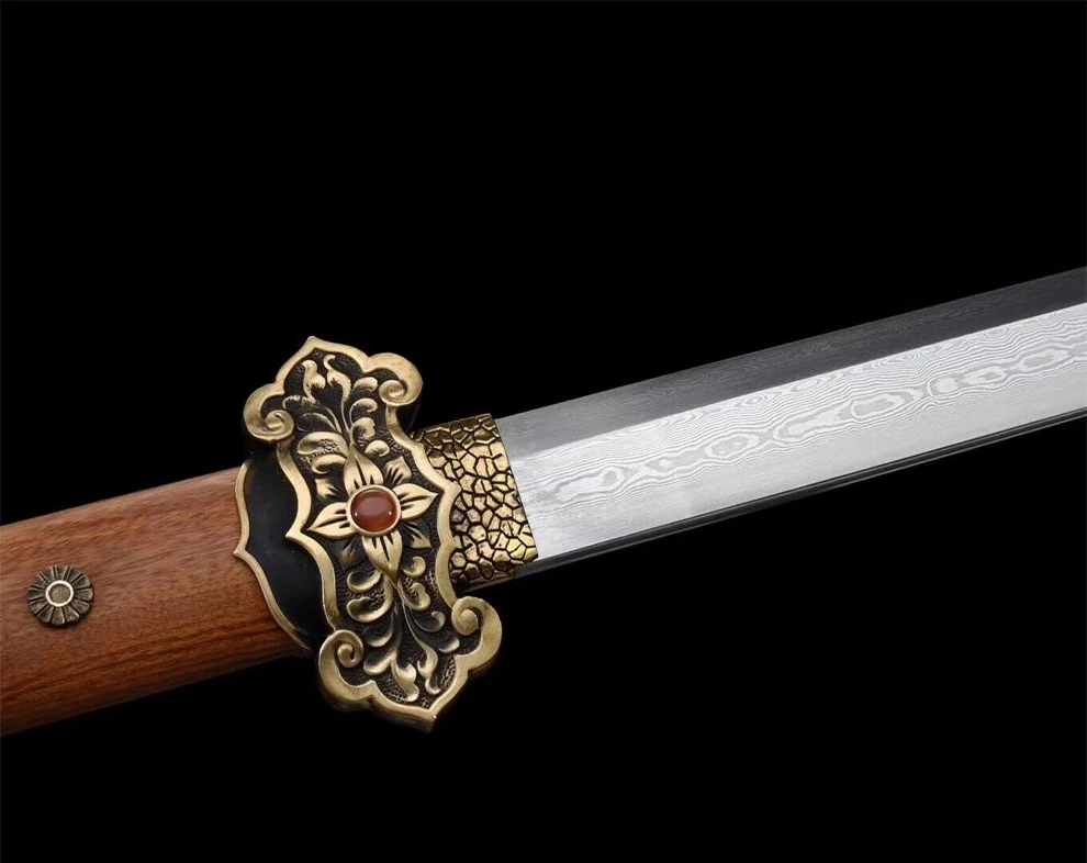 Handmade Folded steel Chinese sword long straight Tang dynasty Copper fittings knife Full tang