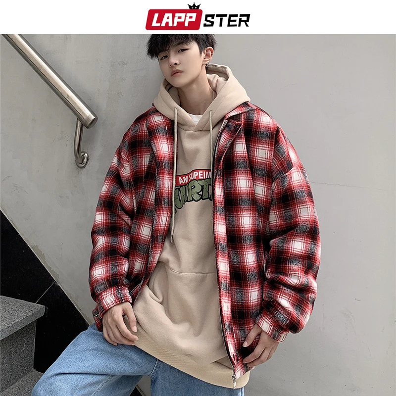 

Men Korean Harajuku Plaid Jackets Coats 2019 Mens Streetwear Bomber Jackets Male Hip Hop Vintage Winter Windbreaker