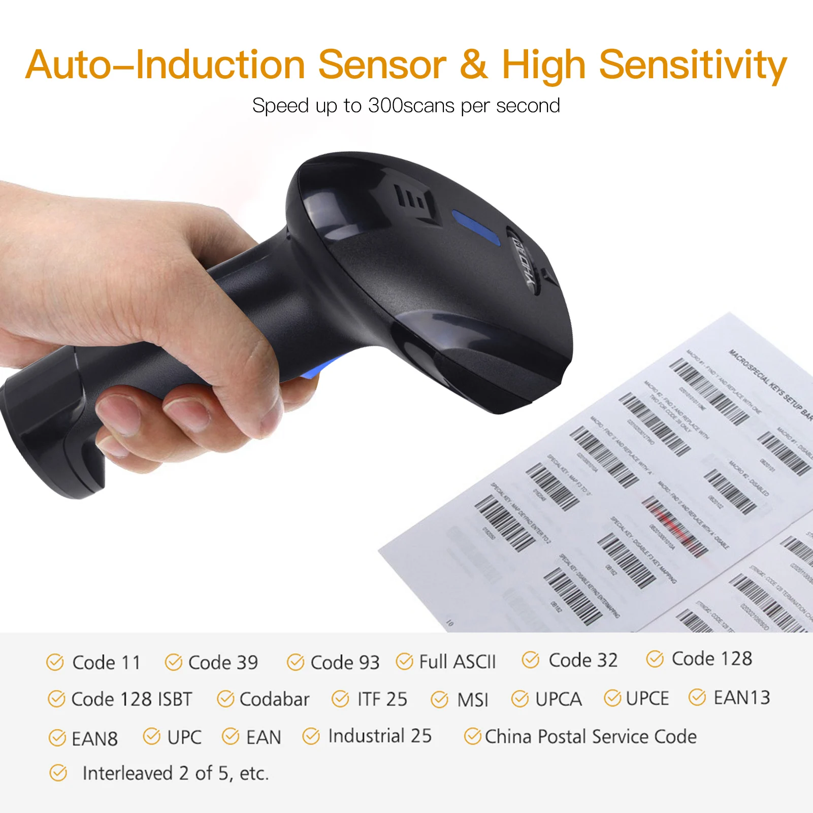 2-in-1 2.4G Wireless Barcode Scanner & USB Wired Barcode Scanner Automatic Handheld 1D Bar Code Reader with Rechargeable