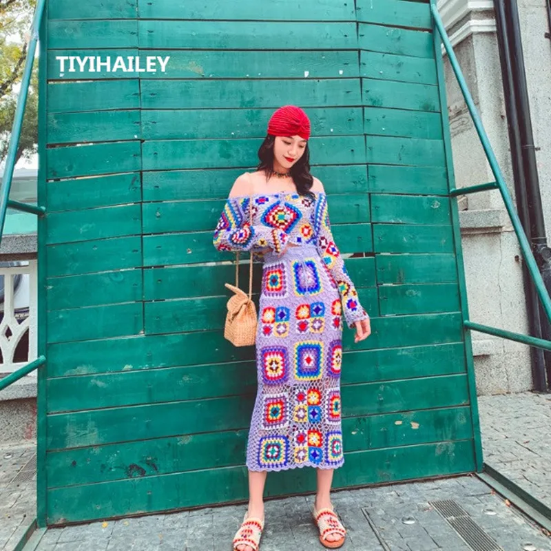 Женский трикотажный комплект TIYIHAILEY винтажная длинная юбка до середины икры и топ