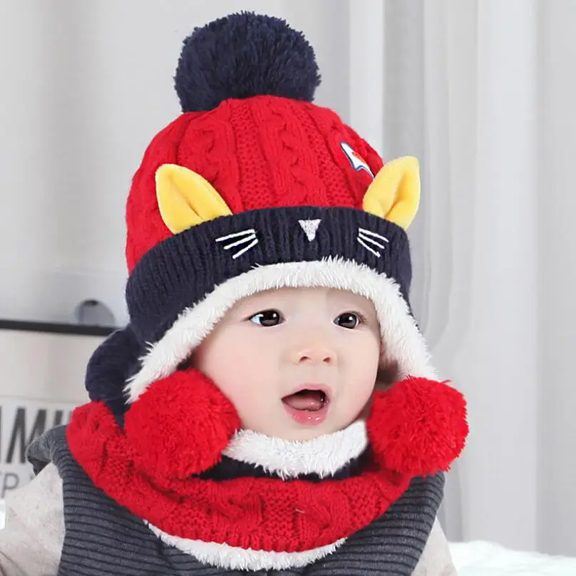 Детская зимняя куртка с маленьким медвежонком шапка и шарф; комплект одежды для маленьких детей, теплые вязаные акриловые защита ушей шапки и шарфа, костюм 2 шт./компл - Цвет: red rabbit