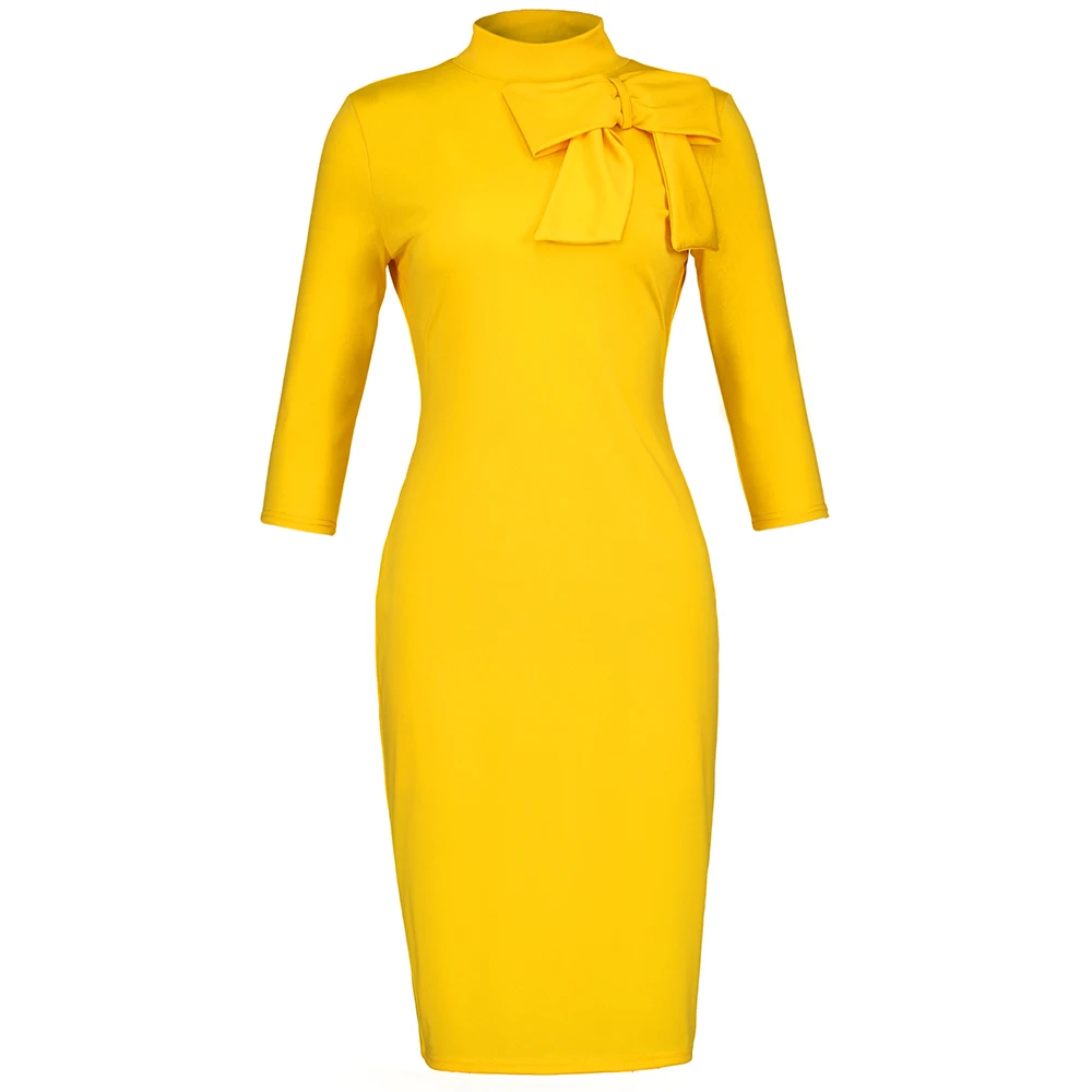 

Yellow Turtle Neck Pullover Women's Pencil Dress Autumn 2020 Elegant Party Work Midi Dresses Robe Femme Vestiods Pullover
