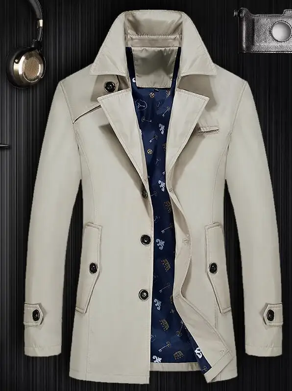 Men Trench Men Trench Jacket Men Fashion Brand Slim Fit Solid Color Lapel Long Overcoat Casual Trench Coat Male Jacket Thin