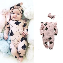 Barboteuse en coton imprimé lapin pour bébés filles, 2 pièces, combinaisons à manches longues + bandeau, vêtements pour tout petits 
