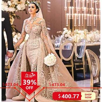 شراءفساتين زفاف فاخرة بأكمام طويلة من الدانتيل حورية البحر برقبة عالية فساتين زفاف مع تنورة