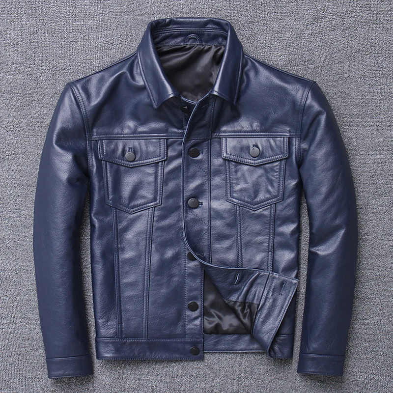 Blue Tcyeek натуральная кожа куртка мужская уличная мода мужские s короткие корова кожаное тонкое пальто подходит пальто из натуральной кожи 1213 - Цвет: Blue