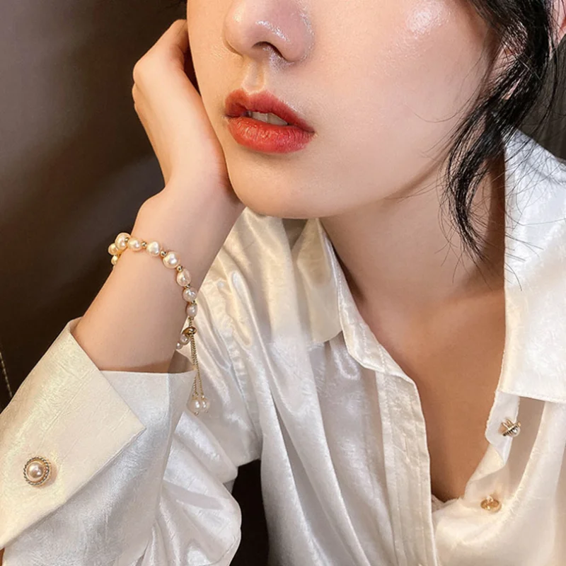 

Fashion Natural Freshwater Pearl Bracelet For Women Fine Classic Style Pink Sliver Adjustable Beads Bangles Jewelry Gift Baroque