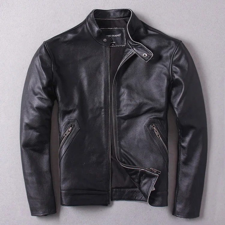 

TOP 2019 New Men Black Cowhide Genuine Leather Jacket Casual Cheap Stand Collar Riding Jackets Free Shipping