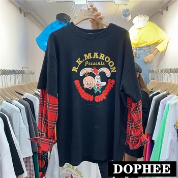 

Spring 2020 New Cartoon Plaid Splicing Fake Two Piece Long Sleeve T-shirt Women's Loose Top Student Trend Pullover Tee Shirts