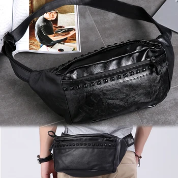 

Leather Waist Bag men Waist Pack Multi-function Zipper Funny Pack Belt Bag Men Chain Waist Bag For Phone Pouch Male