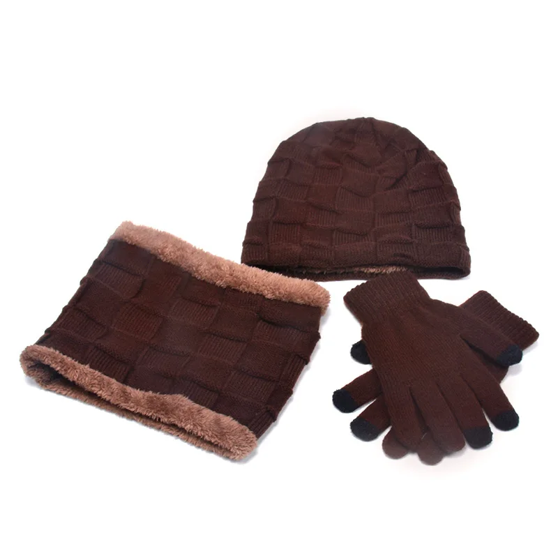 Комплект зимней шапки для мужчин, мужская бархатная вязаная уличная шапка, шарф, перчатки, комплект из трех предметов, Шапка-бини для мужчин и женщин, лыжная шапка и шарф - Цвет: set 3 brown
