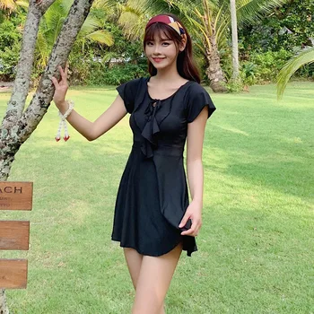 

Female Swimsuit 2020 Bikinis Swimwear For Women Woman New One Piece Swimsuits With Skirt Slim Push Up Black Hot Solid Polyester