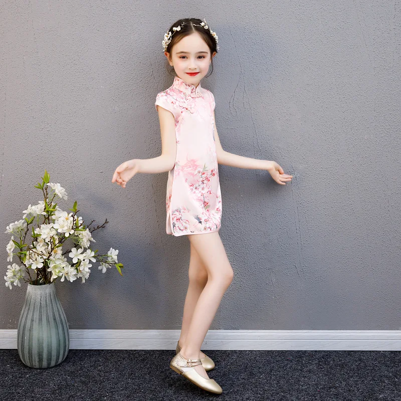 Летняя одежда рубашка с короткими рукавами для девочек Cheongsam Cuihua Cheongsam с вышивкой, в этническом стиле, со стоячим воротником, в стиле ретро, для детей