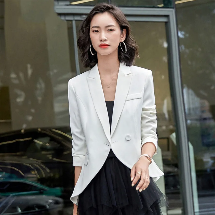 

2020 White Black Occupation Blazer For Women Autumn New Blazer Single Button Jackets Ladies Formal Irregular Hem Suit Jackets