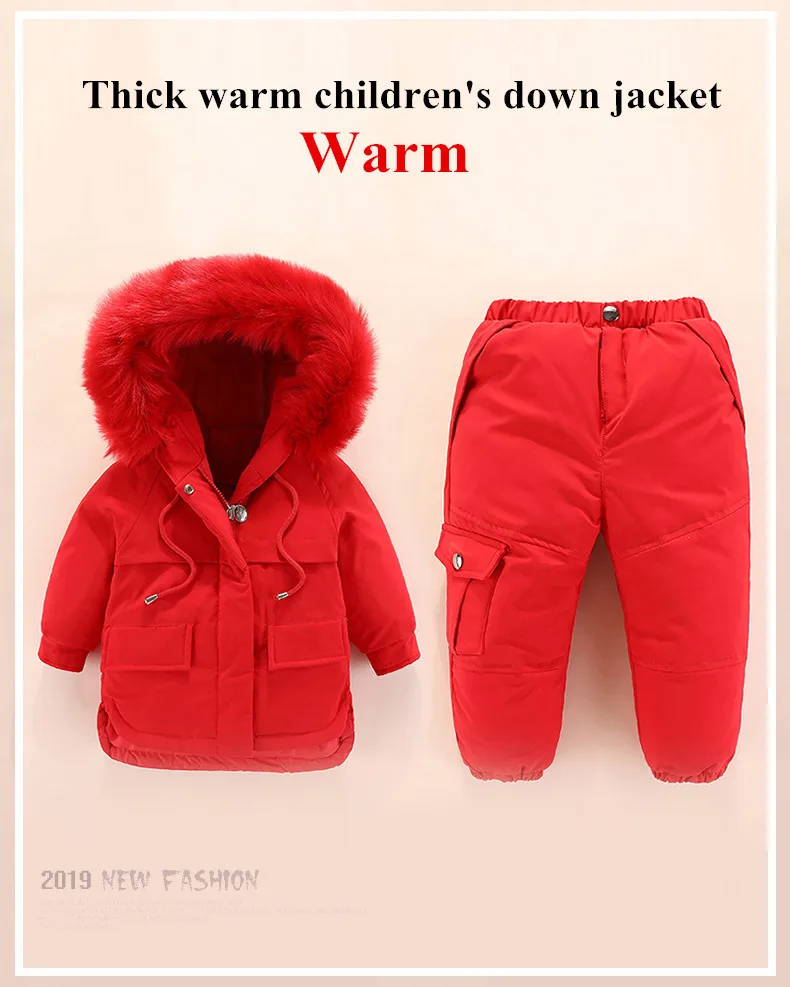 Одежда для маленьких мальчиков комплекты одежды для маленьких девочек-30 градусов, Россия, зимние пуховики пальто с капюшоном+ комбинезон, детский зимний костюм