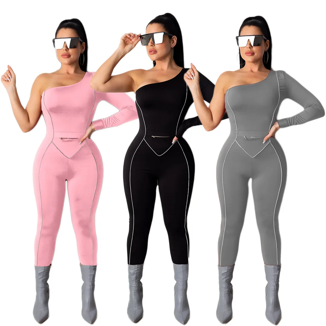 2021 Fitness One Shoulder Rompers Women Jumpsuit Autumn Bodycon Playsuits for Female Long Sleeve One Piece Overalls Tracksuits 2021 new women jumpsuits rompers summer casual print v neck pocket overalls jumpsuit short sleeve wide leg loose jumpsuit