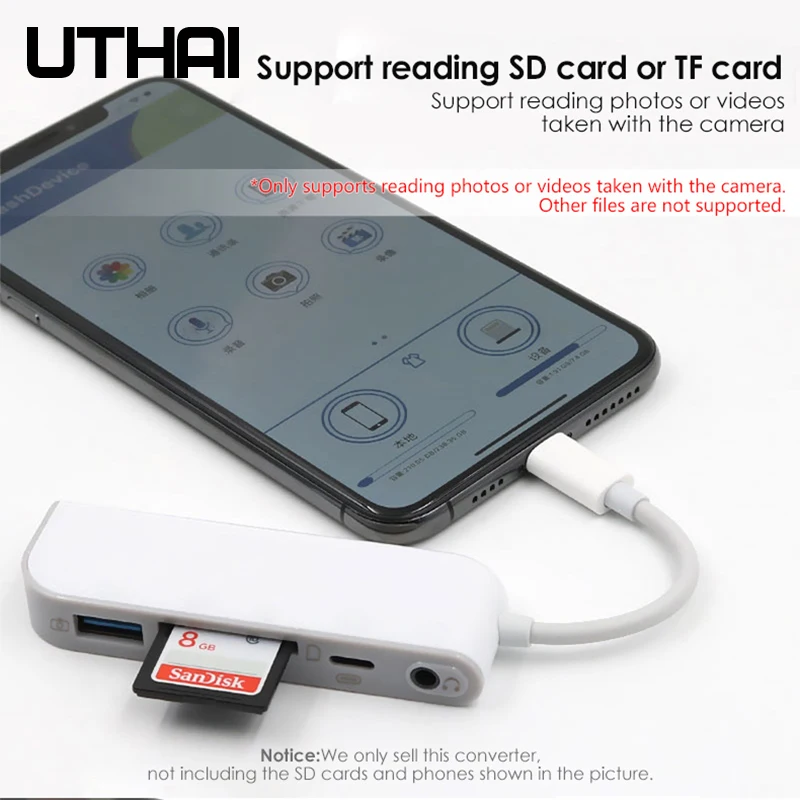 Адаптер Lightning UTHAI D16 для чтения карт памяти SD TF для Iphone X XR XS MAX PLUS 3,5 мм аудио USB для камеры все в 1 конвертер