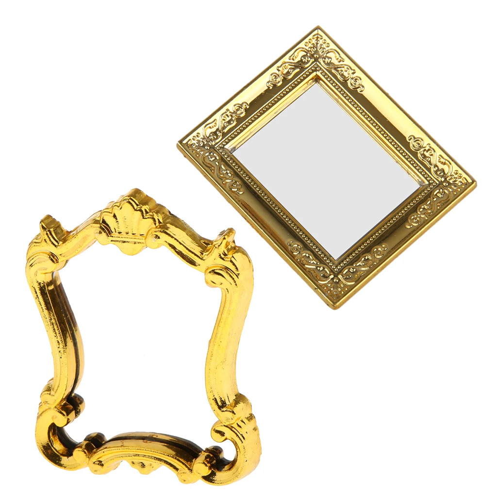 2pcs 1:12 Dollhouse Miniature Golden Mirror Rahmen for Bedroom Dresser or Bathroom Wall Decor Accessories, Mini Household Items