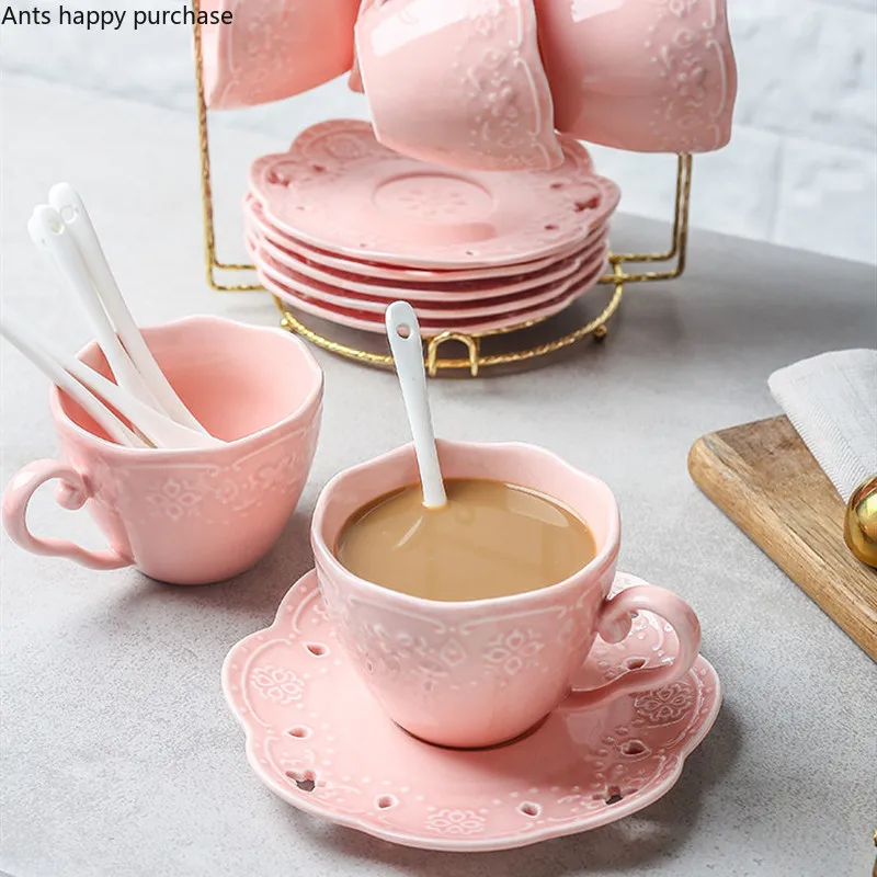 Household Ceramic Six Sets of Tea Sets White Pink European Style Coffee Cup Set Afternoon Tea Tea Cup with Saucer with Spoon