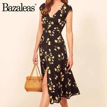 Bazaleas, шикарное женское платье с разрезом сбоку, французское платье, платья с рукавом-крылышком, винтажное, желтое, с цветочным принтом, черное, женское платье миди