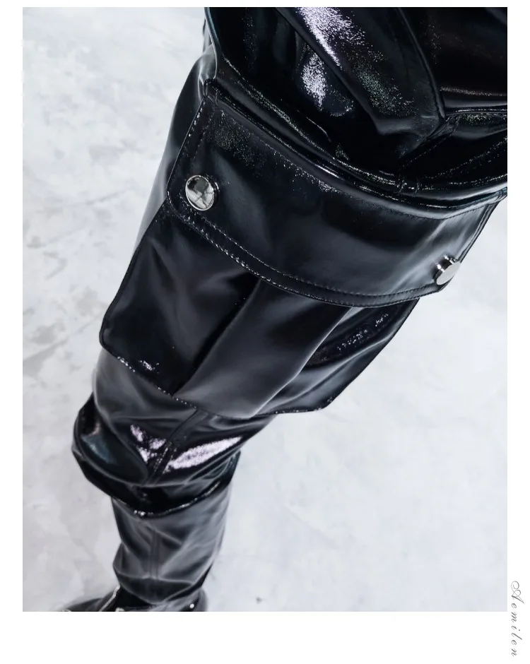 glossy patent black Глянцевые лакированные брюки из искусственной кожи женские осенние новые яркие кожаные брюки одежда wa тонкие с высокой талией локомотив Дикие повседневные брюки F42 - Цвет: glossy patent black