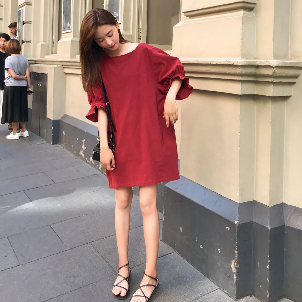 

Photo Shoot CHIC Vigorous GIRL'S Sense of Design Falbala Sleeve Loose-Fit Crew Neck Back Lace-up Pleated A- line Dress