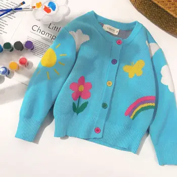 

kids clothes Sky blue sweet autumn sweater for boys and girls Rainbow cloud pattern cardigan