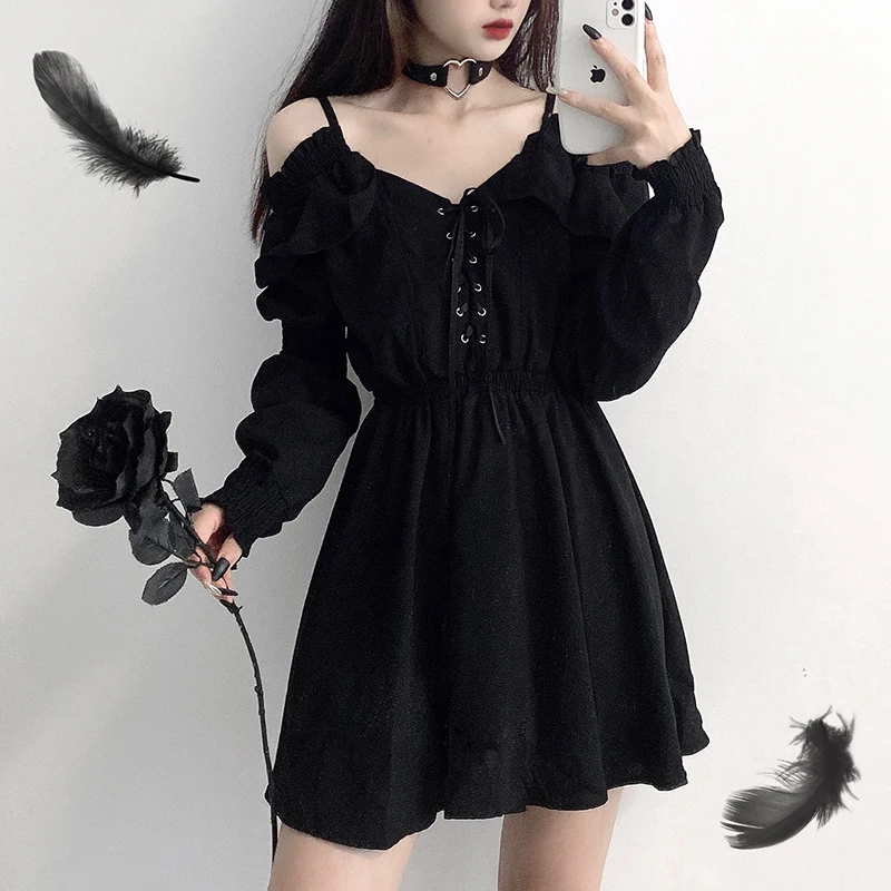 Vestido de chica diablo negro original 2021 primavera y otoño sexy de cintura alta traje viper hombro Vestido de manga larga gótico ins caliente