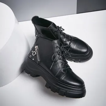 

MLJUESE 2020 women ankle boots cow leather zippers rivets black color lace up winter short plush round toe women riding boots