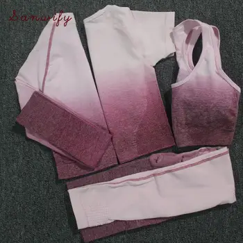

4pcs Yoga Set Ombre Seamless Leggings Sport Bra Long Sleeve+short Sleeve Crop Top Women Running Gym Clothing Fitness Sports Suit