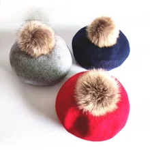 Fashion Winter Children Wool Soft Beret Caps Autumn Women's Casual Polyester Fur Pom pom Beret Caps Hats Gorras