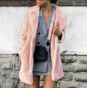 

Faux Fur Coat Women Long Sleeve Warm Medium length Solid color Jacket Plus Size Winter Fur Coat Cardigan Rabbit Fur OutwearAS911