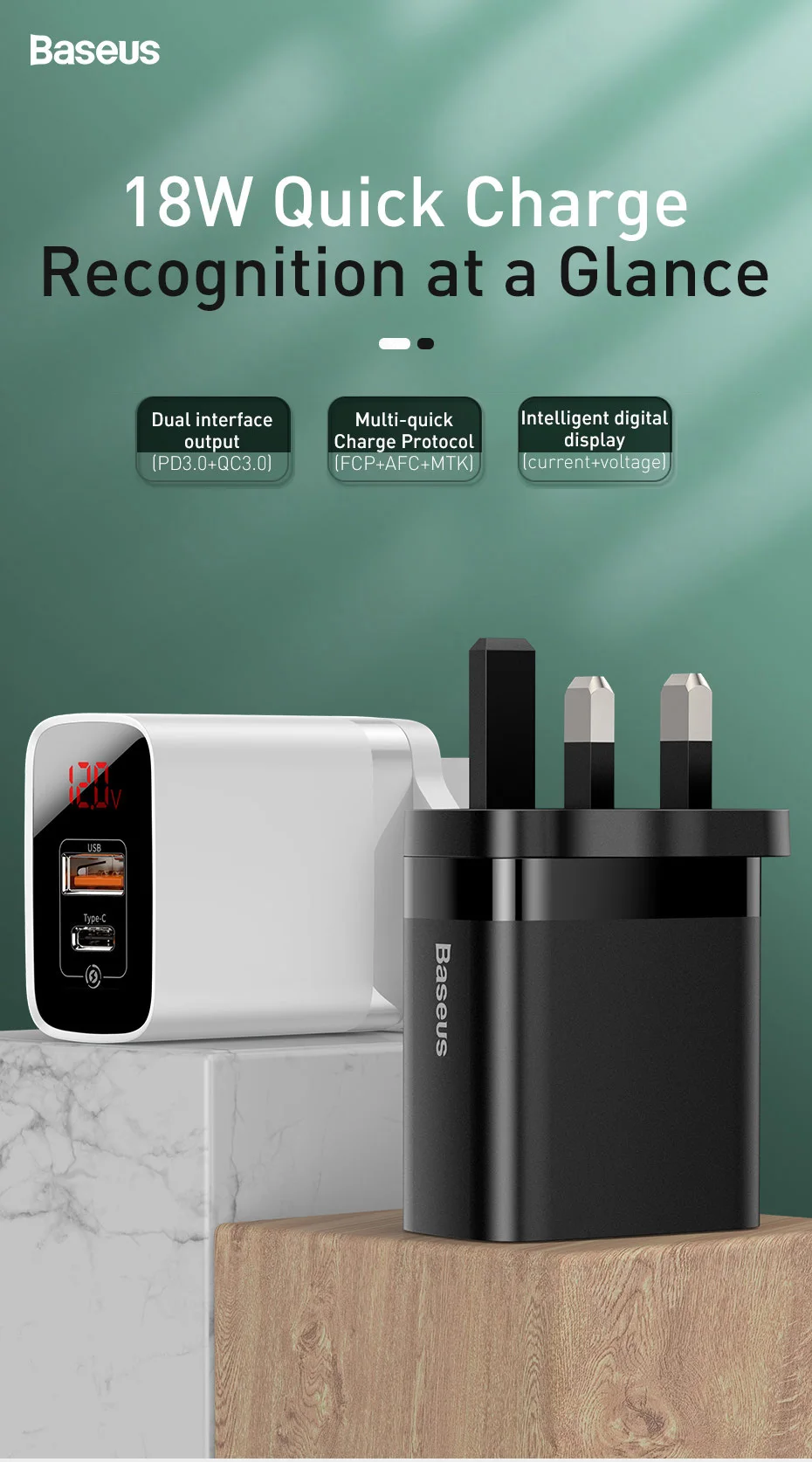 Зарядное устройство Baseus с цифровым дисплеем Quick UK Charge 3,0 USB, 18 Вт, PD 3,0, быстрое зарядное устройство для iPhone 11, зарядное устройство для мобильного телефона, USB C, зарядное устройство