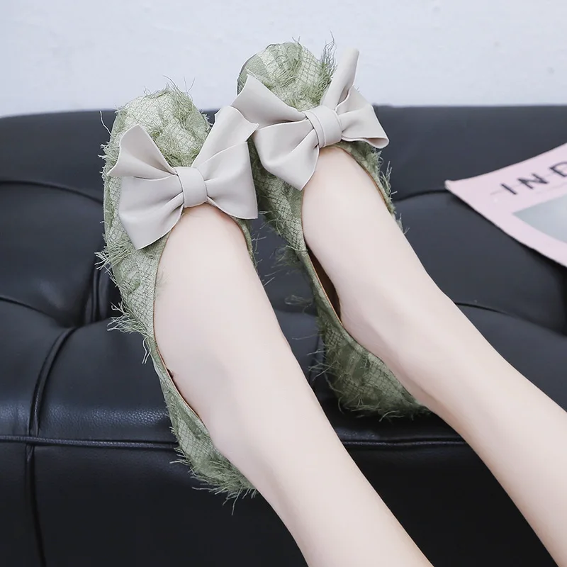 

Autumn New Style Flat Heel round Shallow Mouth Shoes Women's Mixed Colors Bow Cloth Shoes Women's Low Top Retro WOMEN'S Shoes