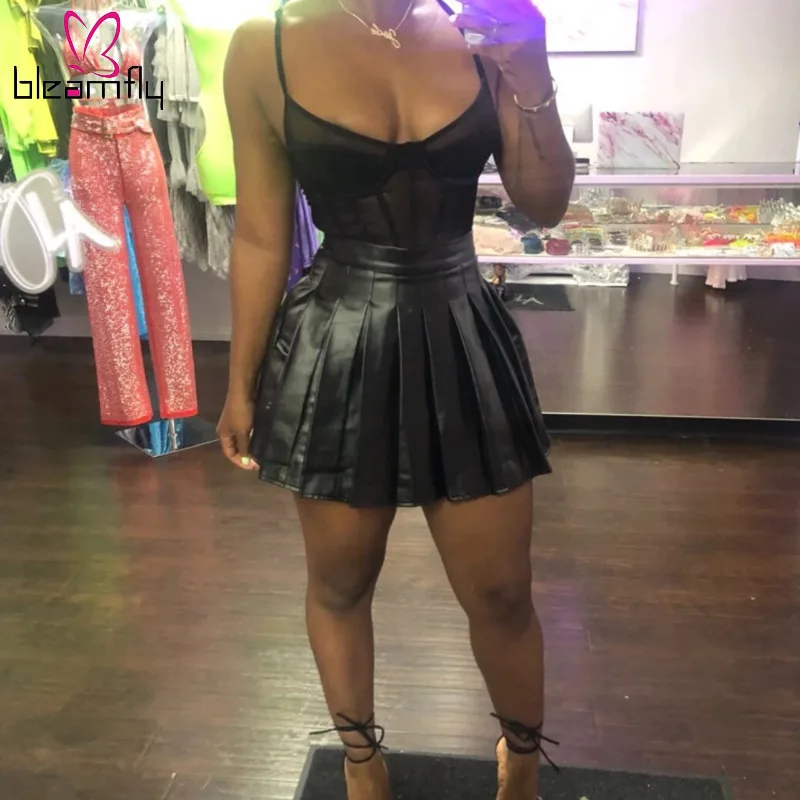 

2019 Summer Clothes For Women Black PU Leather Hem Bodycon Mini Pleated Skirts High Waist Sexy Club Night Party A-line Skirt
