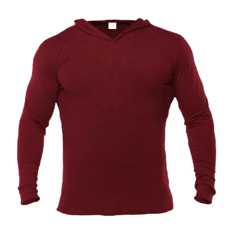 Осенняя Весенняя Мужская футболка для бега, бодибилдинг, Спортивная футболка с капюшоном, компрессионные Топы с длинным рукавом, футболка для спортзала, Мужская футболка для фитнеса - Цвет: wine red