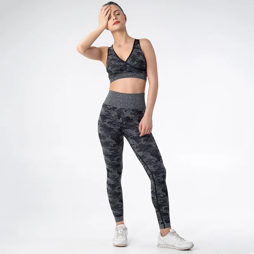Бесшовный комплект для йоги Женская одежда для фитнеса спортивная одежда женские леггинсы для спортзала мягкий пуш-ап спортивный бюстгальтер с бретельками 2 шт. спортивные костюмы - Цвет: Black set
