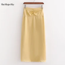 SheMujerSky женские Сатиновые юбки с высокой талией, осенняя длинная юбка желтого цвета, jupe longue