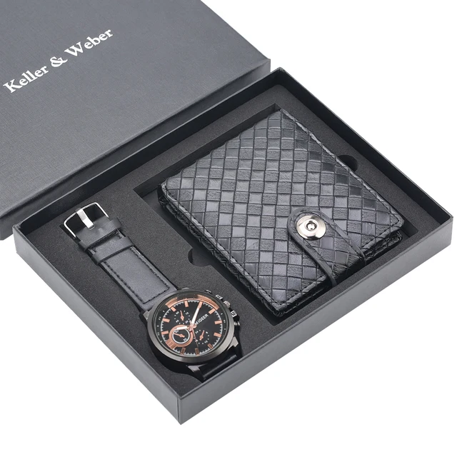 Men's Wristwatch Gift Set Quartz Watch Brown Leather Watchband Black Wallet Male Purse Fine Birthday Gift Box for Daddy Husband Black Watch Wallet