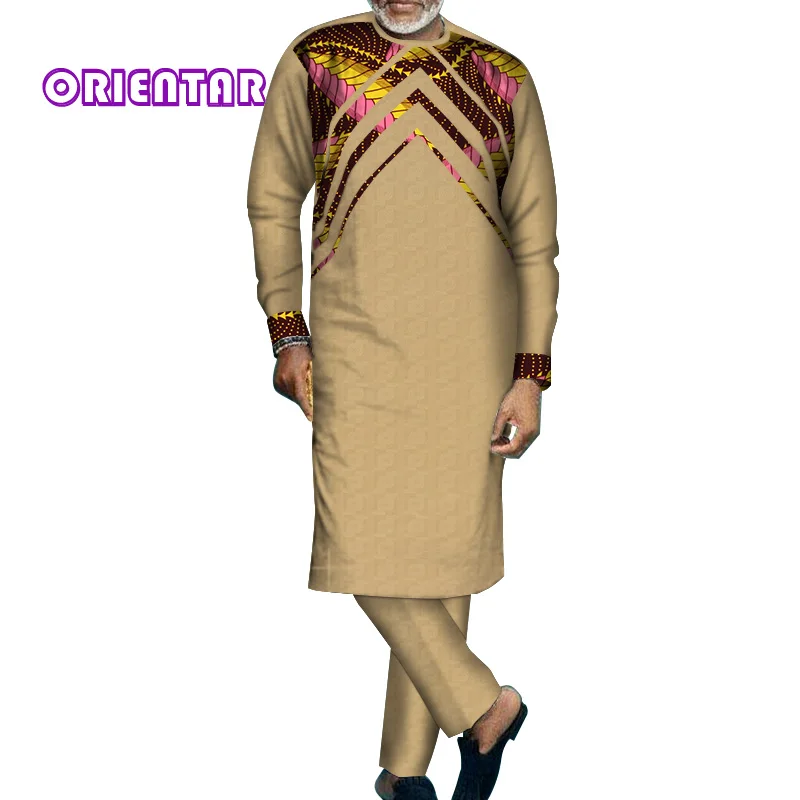 Африканская одежда для мужчин с длинным рукавом рубашка и брюки набор Базен Riche Африканский принт лоскутное мужское Макси-платье брюки набор WYN654 - Цвет: 2
