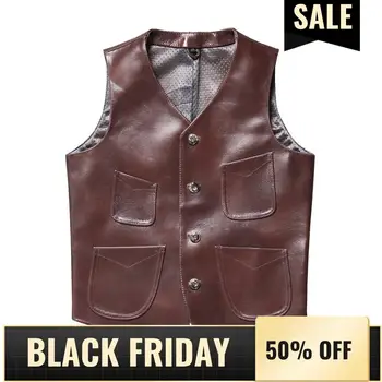 

2020 Dark Brown Short Japan Style Casual Leather Vest Men Plus Size 4XL Genuine Cowhide Spring Slim Fit Leather Vest