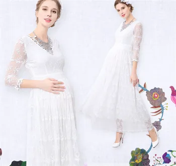 

V-neck long-sleeved chiffon slim A-line pregnant mom's dresses women's dress shooting costumes